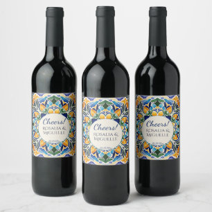 Blue talavera azul vintage Mexican wedding cusom Wine Label