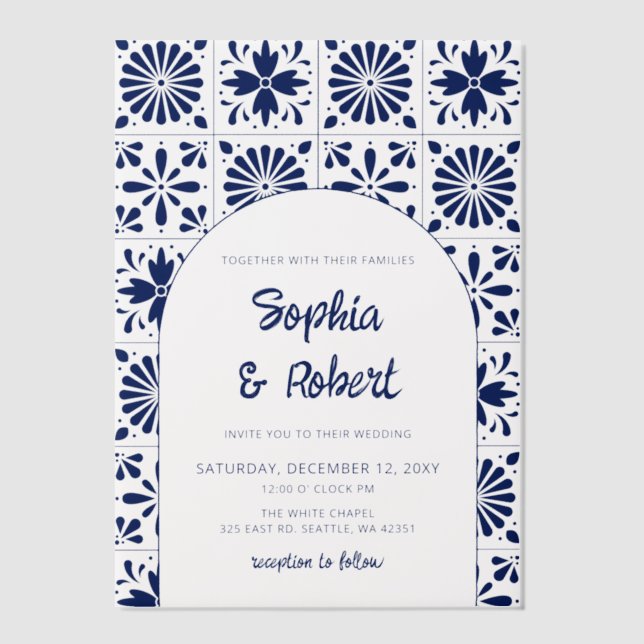 Blue Talavera Mexican Wedding Vellum Invitations (Front)