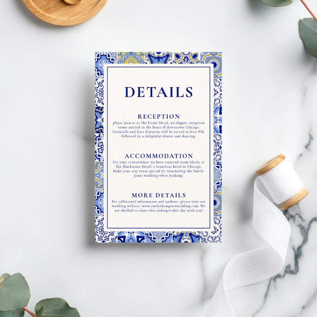 Blue Talavera Spanish Mexican Wedding Details Enclosure Card (Creator Uploaded)