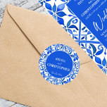 Blue Talavera Spanish tiles all in one wedding Classic Round Sticker<br><div class="desc">Blue Azulejo Talavera Spanish Mexican tiles elegant wedding stickers template ,  vibrant bold colours modern casual typography wedding envelope stickers bride and groom names stickers</div>