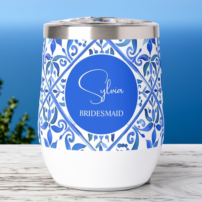 Blue Talavera Spanish tiles bridesmaids gifts (Blue Talavera Spanish Azulejo tiles bridesmaids gifts personalized monogram Thermal Wine Tumbler)