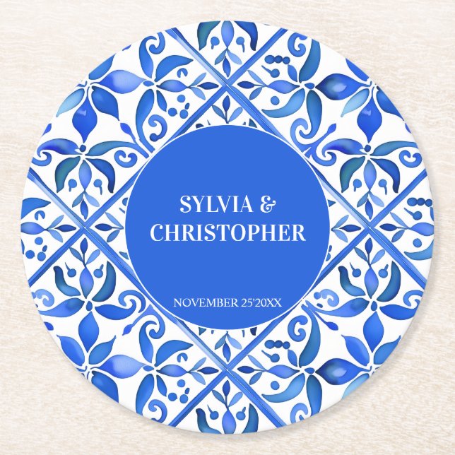 Blue Talavera Spanish tiles monogram wedding favou Round Paper Coaster (Front)