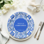 Blue Talavera Spanish tiles monogram wedding Paper Plate<br><div class="desc">Blue Azulejo Talavera Spanish Mexican tiles elegant wedding monogram personalized printed paper plates template,  vibrant bold colours wedding reception personalized decor</div>