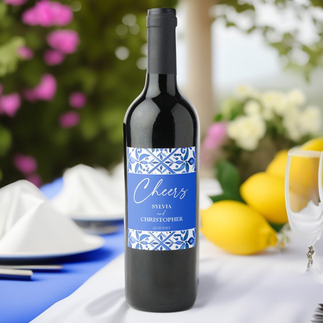 Blue Talavera Spanish tiles wedding favour Wine Label (Blue Talavera Azulejo Spanish tiles vintage Mexican wedding favors personalized Wine Label)