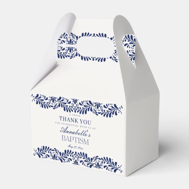 Blue Talavera Tile Fiesta Baptism Dessert Favor Box (Front Side)