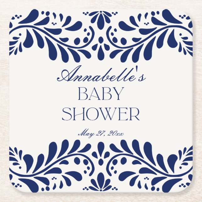 Blue Talavera Tile Spanish Fiesta Baby Shower Square Paper Coaster (Front)