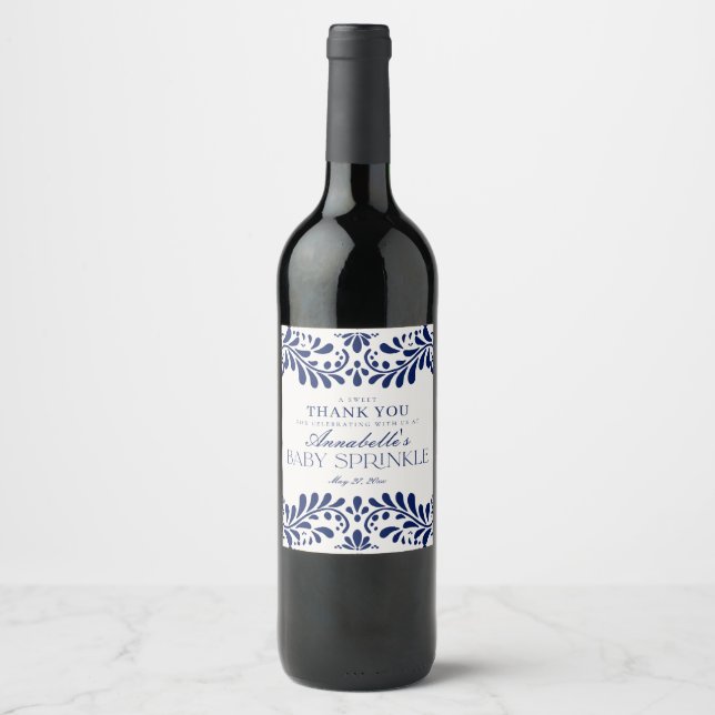 Blue Talavera Tile Spanish Fiesta Baby Sprinkle Wine Label (Front)