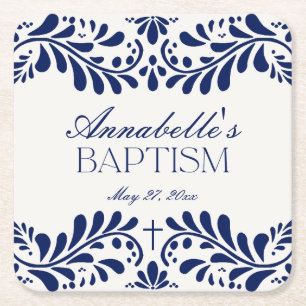 Blue Talavera Tile Spanish Fiesta Baptism Square Paper Coaster
