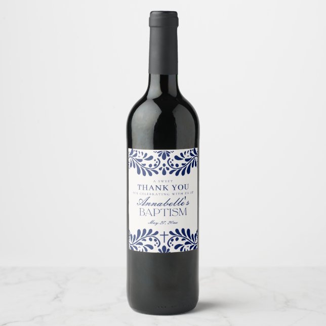 Blue Talavera Tile Spanish Fiesta Baptism Wine Label (Front)