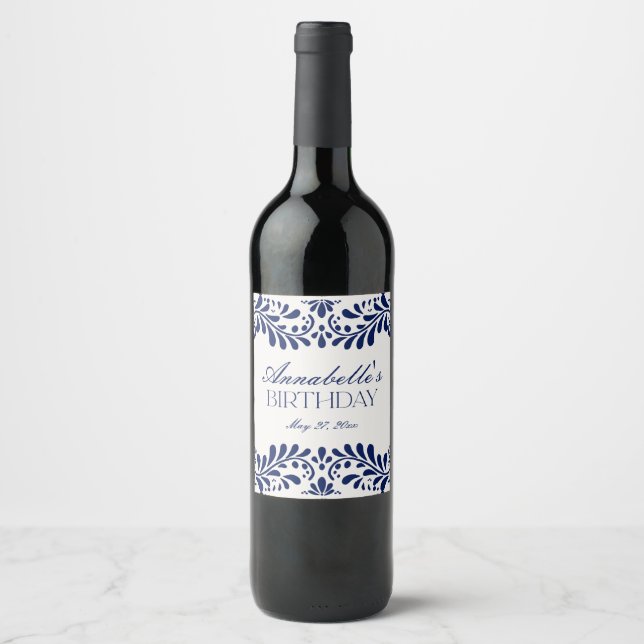 Blue Talavera Tile Spanish Fiesta Birthday Wine Label (Front)