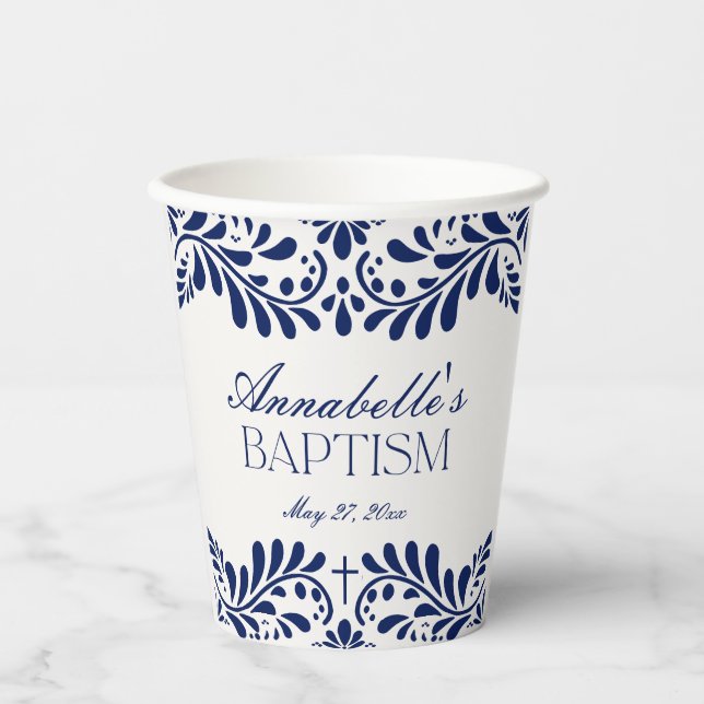 Blue Talavera Tile Spanish Style Fiesta Baptism Paper Cups (Front)