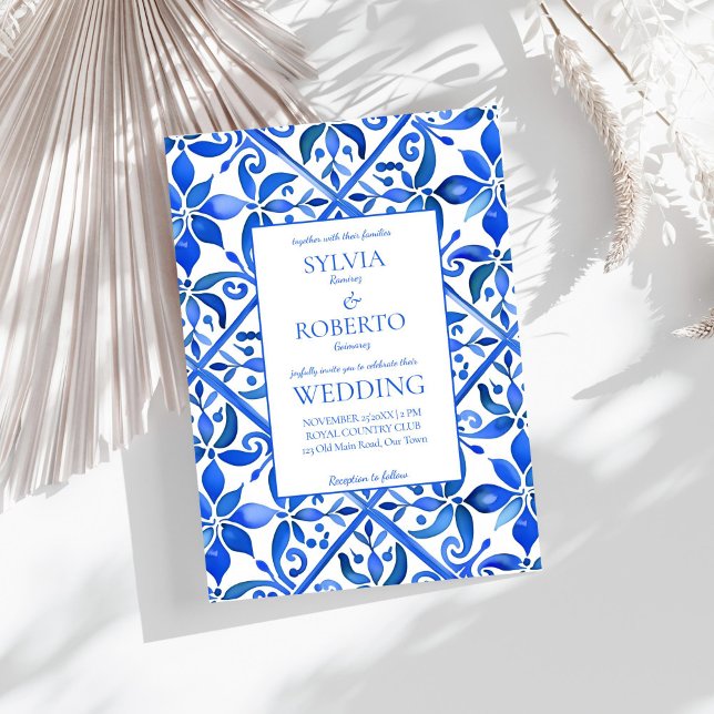 Blue Talavera tiles vintage Mexican wedding Invitation (Blue Talavera Azulejo tiles vintage Mexican Spanish wedding Invitation template instant download)