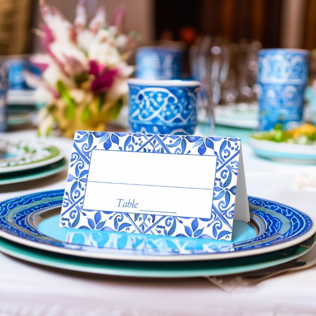 Blue Talavera Vintage Spanish tiles wedding Place Card (Blue Talavera tiles vintage Mexican Spanish wedding Place Card personalized reception decor)