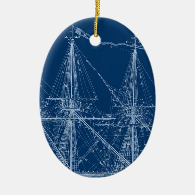 Blue Tall Sailing Ship Blueprint Ceramic Ornament (Front)