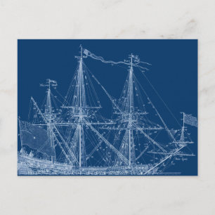 Blue Tall Sailing Ship Blueprint Postcard