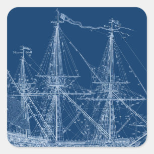Blue Tall Sailing Ship Blueprint Square Sticker
