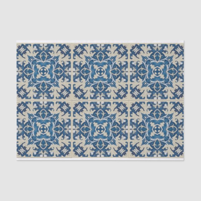 Blue tan 6 by 6 tile design decoupage tissue paper (Front)