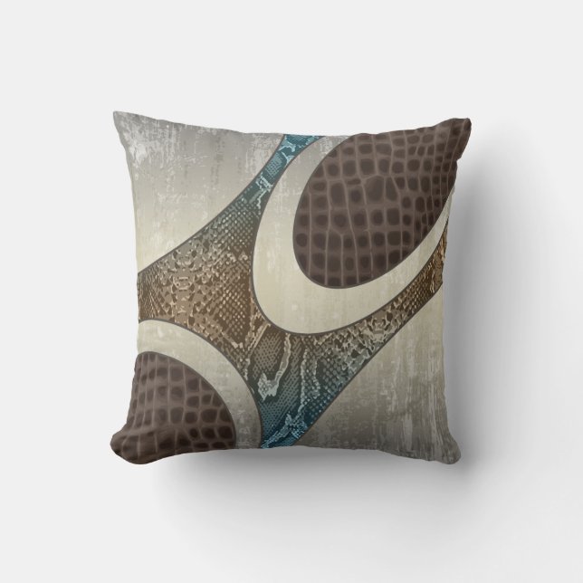Blue&Tan Abstract Snakeskin & Croc Throw Pillow (Front)