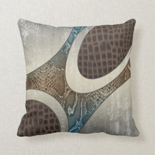 Blue&Tan Abstract Snakeskin & Croc Throw Pillow