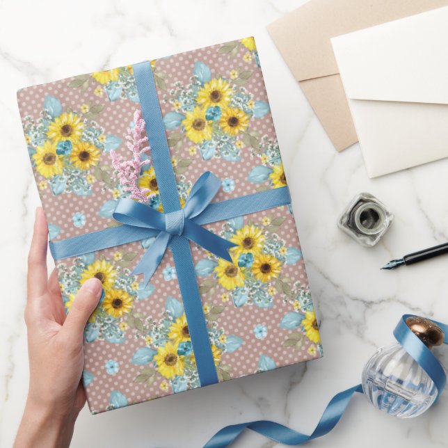 Blue, Tan and Yellow Sunflower Arrangement Wrapping Paper (Gifting)