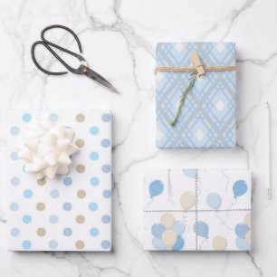 BLUE & TAN BABY BOY PATTERNS WRAPPING PAPER SHEET