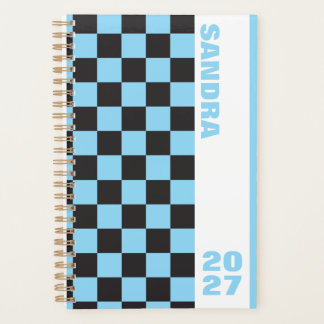 Blue Tan Chequered Custom Name Year 2027 Spiral Planner