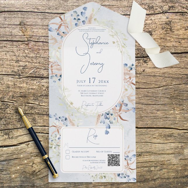 Blue & Tan Dried Boho Flowers Blue QR Code All In One Invitation (Creator Uploaded)