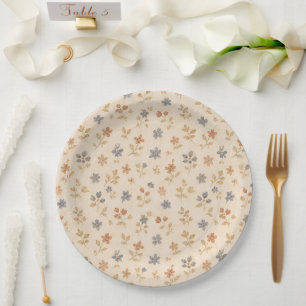 Blue Tan Floral Rustic Baby Shower Paper Plate