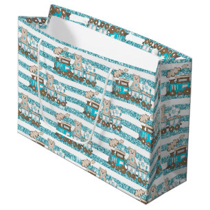 BLUE & TAN GLITTER LOOK BABY BOY TEDDY BEARS TRAIN LARGE GIFT BAG