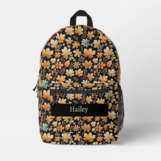 Blue Tan Ivory Autumn Leaves Printed Backpack (Front)