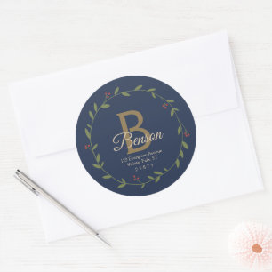 Blue Tan Monogram SVG Christmas Wreath Address Classic Round Sticker