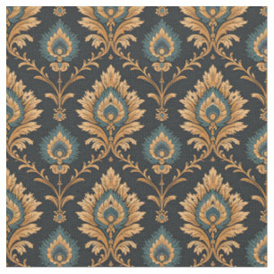 Blue & Tan Peacock Feather Motifs on Black Fabric