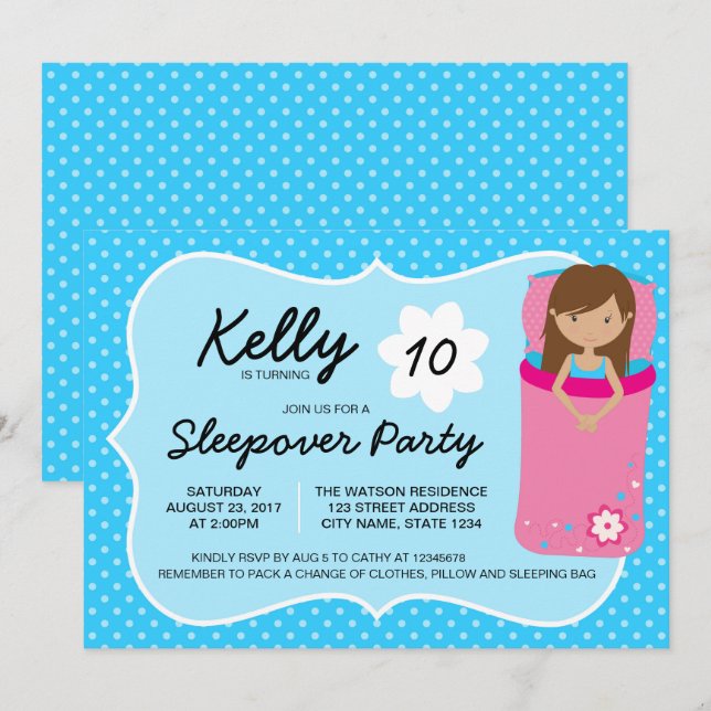 Blue Tan Sleepover Party Birthday Invitation (Front/Back)