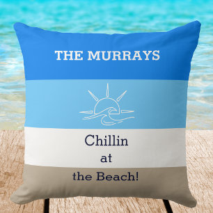 Blue Tan Stripes Family Name Beach House Throw Pillow