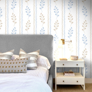 Blue Tan Taupe Elegant Modern Leaf Floral Wallpaper