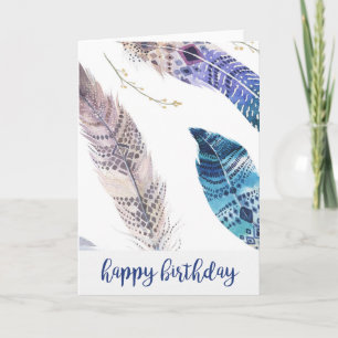 Blue & Tan Watercolor Feathers Birthday Card