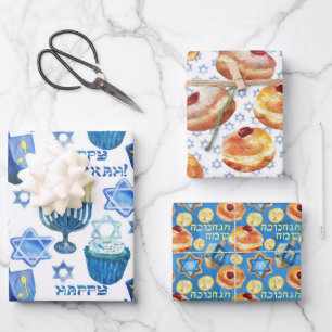 BLUE & TAN WATERCOLOR HANUKKAH THEME WRAPPING PAPER SHEET