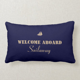 Blue Tan Welcome Aboard Boat Nautical Lumbar Pillow
