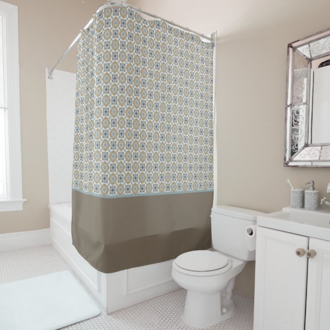 Blue, Tan, White & Brown Circles Squares Pattern (In Situ)
