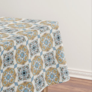 Blue, Tan, White & Brown Circles Squares Pattern Tablecloth