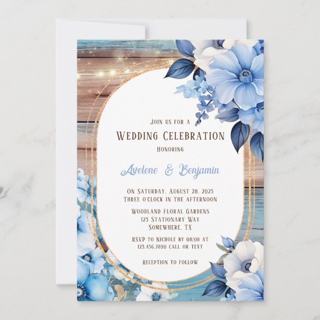 Blue Tan Wood Lights Florals Wedding Celebration  Invitation (Front)