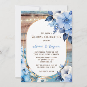 Blue Tan Wood Lights Florals Wedding Celebration  Invitation
