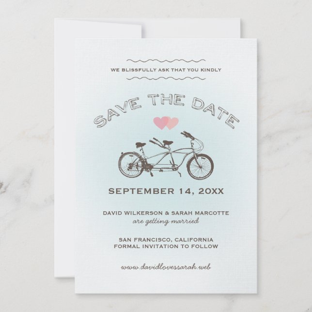 Blue Tandem Bicycle Save The Date Announcement (Front)