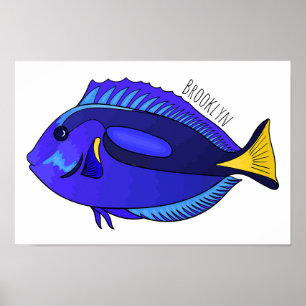 Blue tang fish cartoon illustration poster