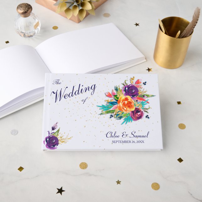Blue Tangerine Floral Wedding Guest Book (Front Open)