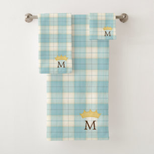 Blue Tartan Crowned Monogram Prince or Princess Bath Towel Set