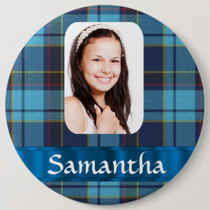 Blue tartan photo plaid template 6 inch round button