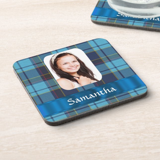 Blue tartan photo plaid template coaster (Left Side)