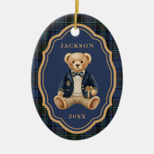 Blue Tartan Plaid Christmas Teddy Bear Ceramic Ornament