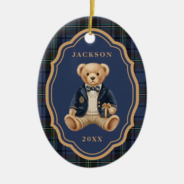 Blue Tartan Plaid | Christmas Teddy Bear Ceramic Ornament (Front)